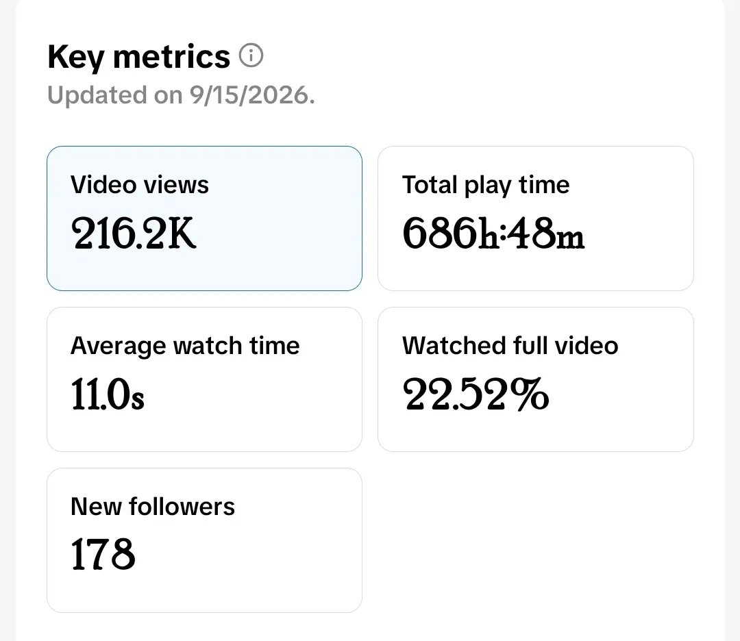 Painel real de vídeo com 216,2 mil visualizações, 686 horas e 48 minutos de reprodução e 178 novos seguidores
