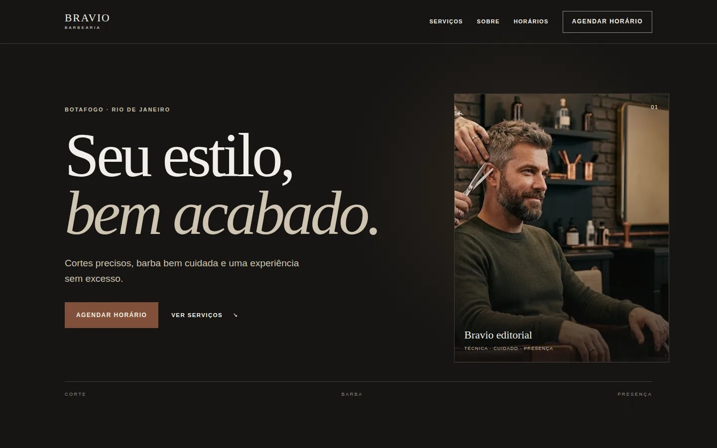 Landing page conceitual da Bravio Barbearia